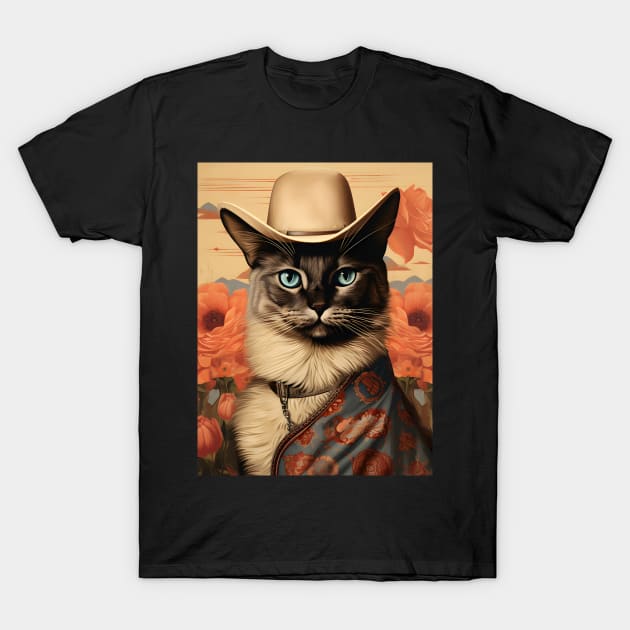 Retro Vintage Cowboy Siamese Cat - Whiskered Wild West Adventure T-Shirt by KittyStampedeCo